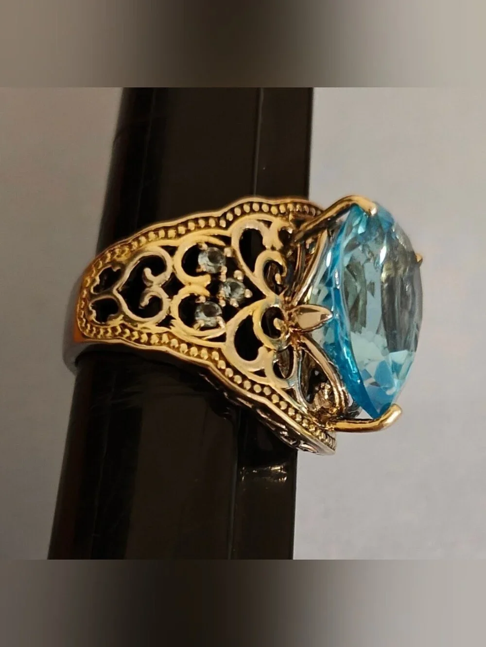 Art Deco Sterling Silver HUGE Teardrop Blue Topaz Filigree Statement Ring
